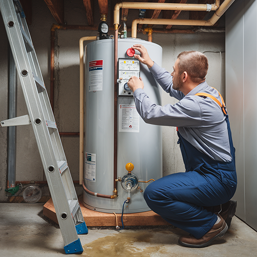 Plumber performing annual maintenance on a water heater, flushing the tank and checking valves to prevent leaks. Water Heater Repair McKinney TX recommends annual inspections for optimal performance.