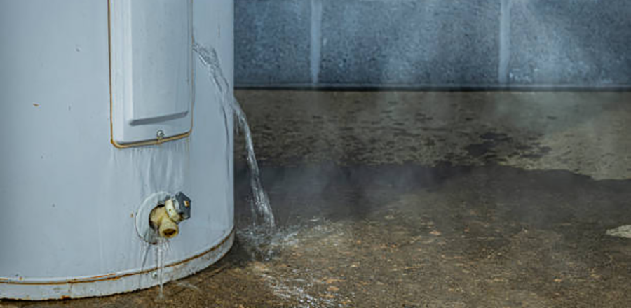 A technician inspecting a leaking water heater with visible water pooling beneath the unit, addressing common issues like faulty valves and corroded tanks. The image highlights the fast, reliable repair services offered by Water Heater Repair McKinney, TX to ensure home safety and comfort.