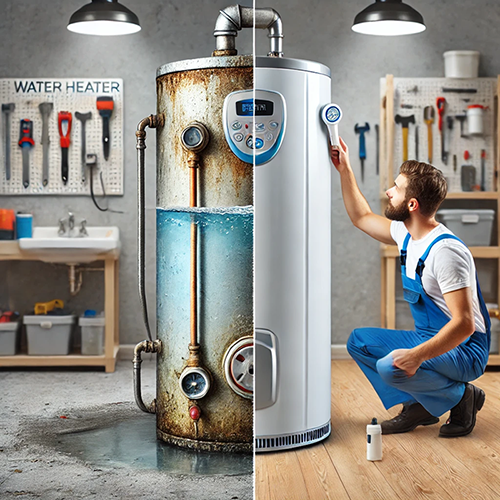 Plumber inspecting a leaking water heater, assessing whether repair or replacement is the best solution. Water Heater Repair McKinney TX provides expert guidance on water heater leaks.