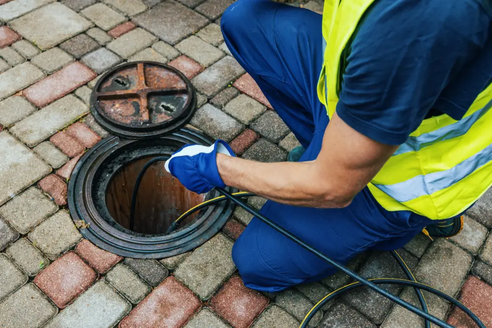  A plumber using a hydrojetting tool to clear a stubborn clog in a residential drain, demonstrating professional drainage cleaning services offered by Water Heater Repair McKinney, TX. The image shows the importance of expert assistance for tough clogs.