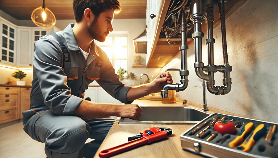 A plumber working on a residential plumbing system, illustrating essential tasks such as leak repairs, drain unclogging, water heater installation, and low water pressure solutions. The image emphasizes the importance of plumbing for effective water and waste management in homes and businesses.